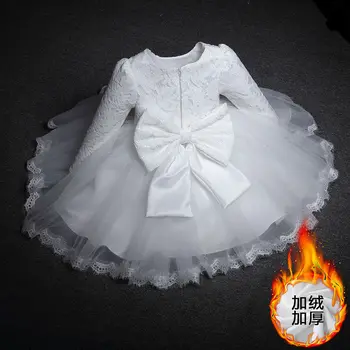Зимнее белое платье с длинным рукавом для маленьких девочек на День рождения, Теплые свадебные платья принцессы с цветочным рисунком, Рождественское платье для младенцев