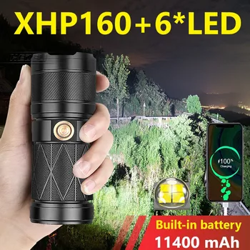 Новый Мощный светодиодный фонарик XHP160, встроенный аккумулятор емкостью 11400 мАч, USB-перезаряжаемая вспышка XHP90, охотничья рыболовная лампа
