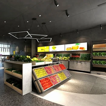 3D дизайн интерьера супермаркета, Подставка для закусок, Конфет, овощей, большой емкости, Деревянный Стеллаж для выставки фруктов и овощей