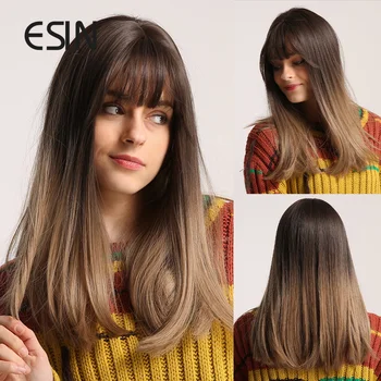 ESIN Синтетические Омбре Темно-коричневые парики с челкой Средней длины Прямые волосы Натуральный Повседневный парик для женщин