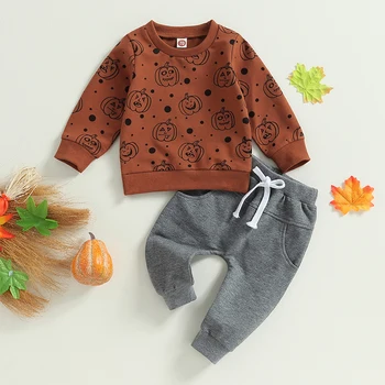EWODOS, Одежда для маленьких мальчиков на Хэллоуин, Комплект брюк, Толстовка с длинными рукавами и принтом тыквы в горошек + Брюки, Комплект одежды для малышей