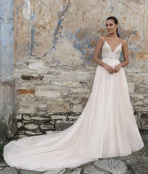 Свадебное платье Трапециевидной формы с V-образным вырезом на бретельках, расшитое кружевными блестками, с бусинами, с открытой спиной, длиной до пола, со шлейфом, Платье Невесты, сшитое на заказ 2021