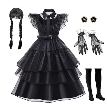 Пышное черное платье для выпускного вечера с рюшами для девочек-подростков, Карнавальный костюм для больших детей, Семейная маскировка Аддамс на Хэллоуин, Готический халат