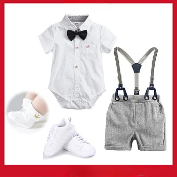 Комплект одежды для маленьких мальчиков, джентльменская рубашка с коротким рукавом + шорты на подтяжках, одежда для новорожденных мальчиков, наряд с поясом для торта