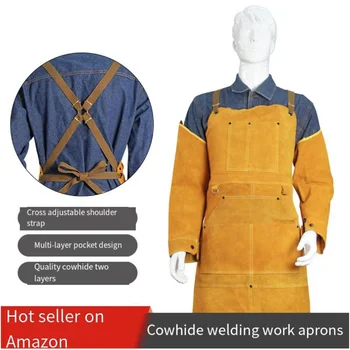 Защитная одежда для электросварки из воловьей кожи, Комбинезон сварщика, Защита от ожогов, Теплоизоляционный защитный фартук из воловьей кожи -100 см, желтый