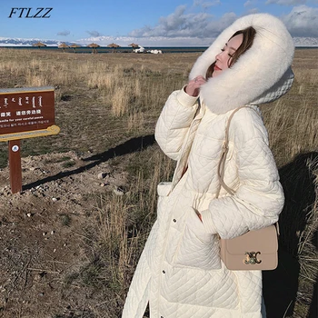 FTLZZ Зимняя Длинная куртка-пуховик с капюшоном из натурального Меха Большого размера, женское пальто на 90% Белом Утином пуху, Свободная Толстая теплая Зимняя верхняя одежда