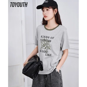 Женская футболка Toyouth 2023, летние свободные футболки с коротким рукавом и круглым вырезом, дизайнерский цветочный принт, чистый хлопок, Комфортные повседневные шикарные топы