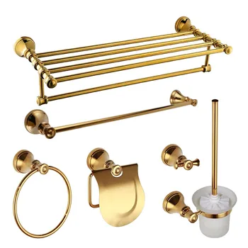 Роскошный золотой набор аксессуаров для ванной комнаты из 6 предметов, вешалка для полотенец, кольцо для полотенец, держатель для бумаги, крючок для халата, держатель для туалетной щетки