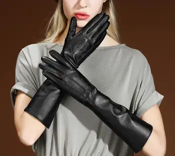 Женская осенне-зимняя длинная перчатка из натуральной кожи, женская длинная утолщенная теплая водительская перчатка из натуральной овчины R415