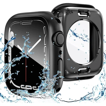 Стекло + Крышка для Apple Watch case 45 мм 41 мм аксессуары 44 мм 40 мм водонепроницаемая Закаленная Защитная пленка для экрана iWatch series 7 8 SE 6 5