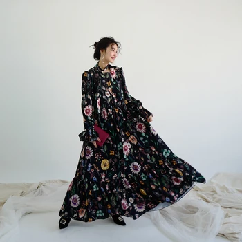 Женское весенне-осеннее винтажное платье с принтом и длинным рукавом, шикарное праздничное длинное пляжное платье трапециевидной формы TB716