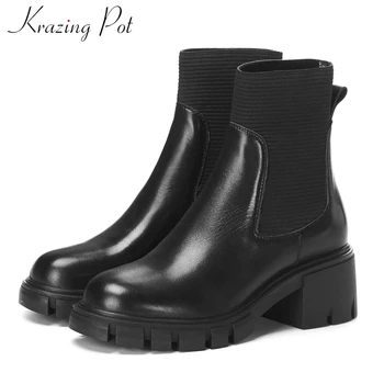 krazing pot/ ботинки Челси без шнуровки из натуральной кожи с круглым носком на высоком каблуке, однотонная повседневная одежда, женские зимние утепленные ботильоны L18