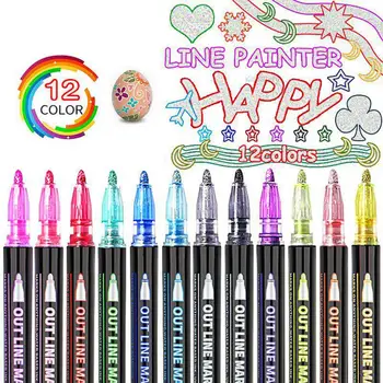 Набор ручек с двойной линией, маркер Металлического цвета, ручка MagicMarker, Блестящие ручки, ручки для контуров поздравительных открыток DIY Art