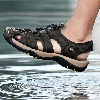 Летние Мужские повседневные пляжные водонепроницаемые ботинки для активного отдыха, Дышащие Треккинговые Модные Сандалии для отдыха, Альпинизма, Рыбалки, из натуральной кожи