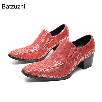 Batzuzhi/ Мужская обувь на высоком каблуке 6,5 см, Красные модельные туфли из натуральной кожи с острым носком, Мужские Слипоны, Модные вечерние/свадебные туфли, мужские