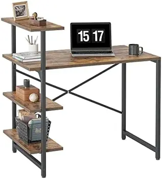 Компьютерный стол с полками 40 Дюймов, стол для домашнего офиса, Письменный стол для учебы, 3-х уровневая полка, коричневый