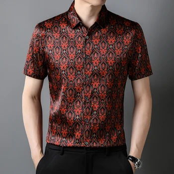 Высококачественные мужские рубашки из 100% натурального шелка с принтом, Бордово-красный Узор, Гладкий Бордовый, Роскошные Рубашки Обычной посадки, платье для мужа