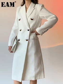 [EAM] Женский Белый Двубортный Длинный Блейзер Большого Размера, Новая Свободная Куртка С Отворотом и Длинным рукавом, Модная Демисезонная Куртка 2023 1DE9367