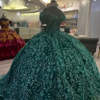 Изумрудно-зеленые Пышные платья с открытыми плечами, блестящий корсет на шнуровке, Милое платье 15 цветов, расшитое пайетками, Vestidos de XV anos