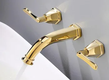 Золотой Латунный Настенный Смеситель Для Раковины с Двумя Ручками Смеситель для Ванной Комнаты с горячей и холодной Водой BF676