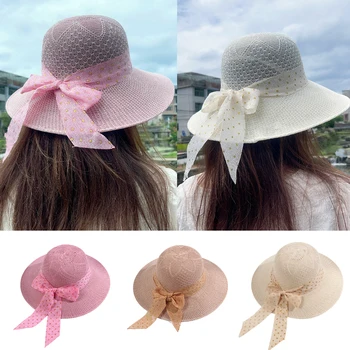 Летние Солнцезащитные шляпы для девочек, Широкополая Соломенная шляпа с бантом и лентой, Уличные солнцезащитные женские шляпы, Однотонные женские Панамы
