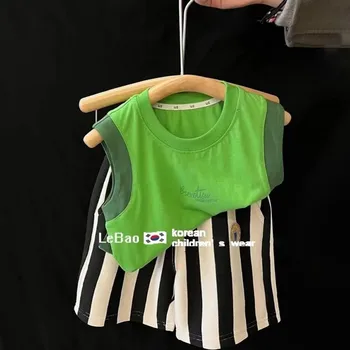 Комплект детской одежды, Летний Новый Хлопковый топ на бретелях для маленьких мальчиков, Футболка, Полосатые шорты, Комплект из двух предметов, Корейская детская одежда
