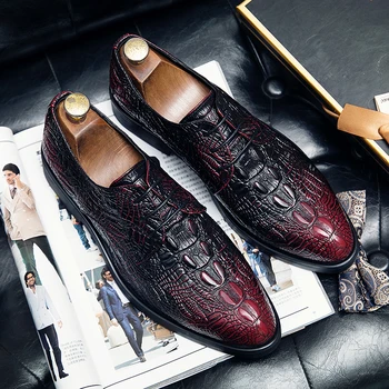 Роскошные мужские туфли-оксфорды из крокодиловой кожи в классическом стиле, кожаные туфли бордового цвета на шнуровке, вечерние туфли с острым носком, мужские размеры 38-48