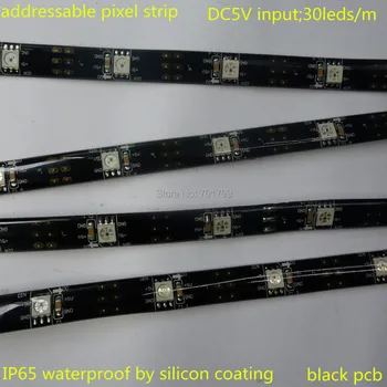 адресуемая светодиодная пиксельная лента 5 М постоянного тока 5 В 30 светодиодов/м WS2812B (WS2811); IP65; черная печатная плата; водонепроницаемость благодаря силиконовому покрытию