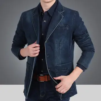 Стильная джинсовая куртка, Классный однотонный джинсовый блейзер с карманами, отложной воротник, осенний костюм, куртка для повседневной носки