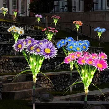 4 шт. Солнечные фонари садовые уличные водонепроницаемые лампы для газона с цветами маргаритки, ландшафтное освещение, наружные светодиодные фонари для внутреннего двора, декоративные