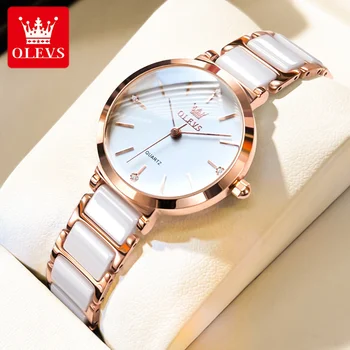 OLEVS 5877, Новые модные кварцевые женские часы с керамическим ремешком, водонепроницаемые роскошные брендовые часы для женщин, подарок на день рождения