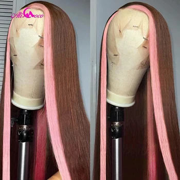 Светло-коричневый с розовым прозрачный парик на кружеве 13X4, 30 дюймов, прямой парик, бразильские парики из человеческих волос для чернокожих женщин Remy