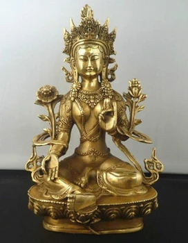 Медь Латунь Китайские ремесла Азиатский Изысканный Тибетский Буддизм Зеленый Бог Тара Божественность Квань-инь Статуя Будды Скульптура
