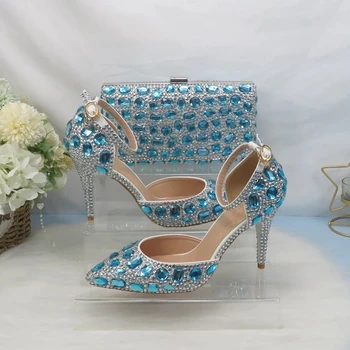 Модные Свадебные туфли для невесты с сумкой В комплекте, Синие Сандалии с острым носком, ремешок на щиколотке, хрустальные вечерние туфли для Подружки Невесты, Горный хрусталь