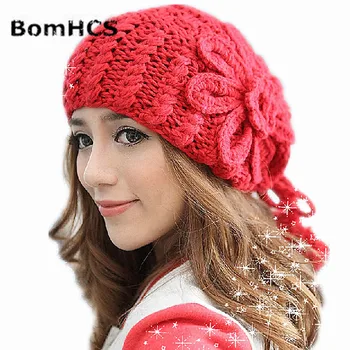 BomHCS Модная Женская Зимняя 100% Вязаная шапочка ручной работы с цветочным рисунком