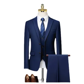 Модный Официальный комплект из 3 предметов, Синий Деловой Свадебный мужской костюм Slim Fit, комплект