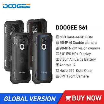DOOGEE S61 Прочные Смартфоны 6,0 Дюймов с несколькими Задними Чехлами 6 ГБ + 64 ГБ 20-Мегапиксельная Камера Ночного Видения 5180 мАч Android 12 Сотовый Телефон