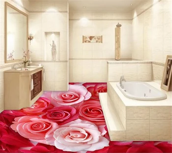 Красная роза, лепестки белой розы, современная ванная комната, 3D напольная роспись на заказ, нескользящее водонепроницаемое утолщенное самоклеящееся покрытие BEIBEHANG
