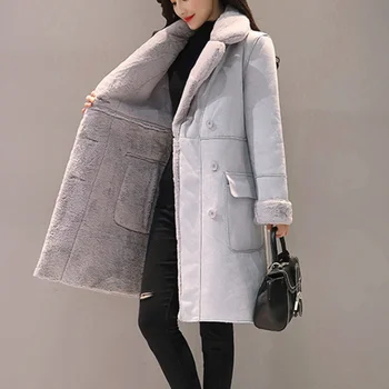 Женское зимнее теплое бархатное длинное пальто из искусственной замши с подкладкой, Парка, зимняя куртка, женская двубортная куртка, тонкое однотонное пальто с лацканами