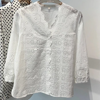Дропшиппинг Французская Нишевая Свободная рубашка с белой вышивкой, Водорастворимый Дизайн кружевной строчки, Верхняя блузка для женщин