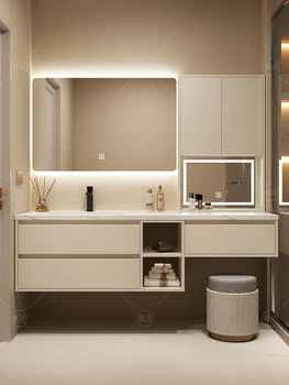 Индивидуальные легкие шкафы для ванной комнаты с роскошной каменной панелью, цельный набор туалетных принадлежностей для ванной комнаты, шкаф для раковины