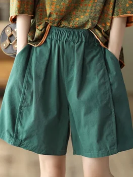 Широкие женские шорты из хлопка и льна, Свободные женские брюки с высокой талией, повседневная винтажная корейская летняя одежда с карманами для женщин 2023