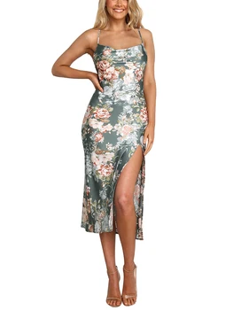 Женское атласное платье миди с цветочным принтом, на бретельках, с глубоким вырезом, без спинки, с разрезом, Летнее Длинное платье Club Hawaiian