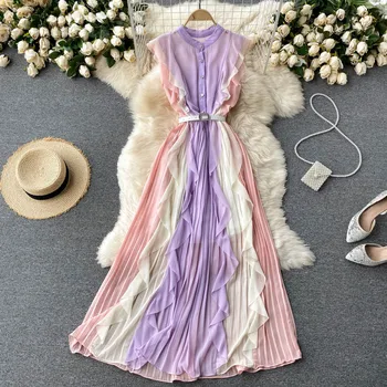 Элегантное женское шифоновое плиссированное платье с оборками, Без рукавов, со стоячим воротником, Однобортное фиолетовое платье Mixi, Женское Vestidos