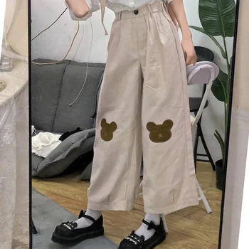 Корейские свободные тонкие брюки с вышивкой Мультяшного медведя для девочек, Японские Кавайные женские мягкие брюки для девочек, Дикие повседневные женские милые брюки