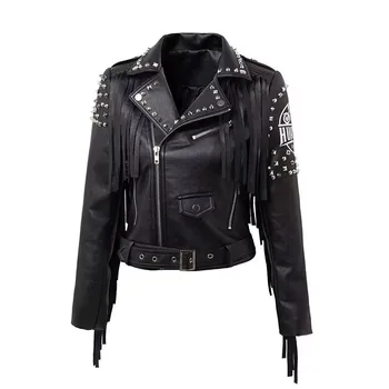 2023 Новая Демисезонная Черная Мотоциклетная Кожаная куртка, женское пальто, Модная Тонкая Короткая одежда с кисточками и заклепками