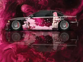 Аниме-автомобильная ливрея Японская тематическая боковая автомобильная обертка Литая виниловая обертка Универсального Размера Премиум-Розовая аниме-автомобильная наклейка