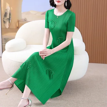 Женское плиссированное платье Miyake 2023, летнее новое однотонное платье ручной работы с кисточками из бисера, круглый вырез, короткий рукав, Элегантные платья для женщин
