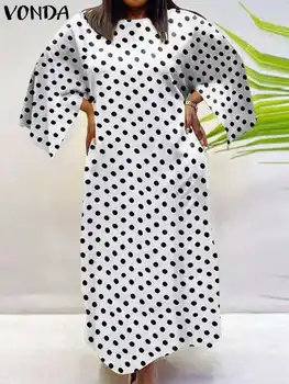 Плюс Размер 5XL, Женское летнее Длинное платье VONDA, 2023, Богемный Повседневный Сарафан в горошек с расклешенными рукавами, Свободный Винтажный халат Макси
