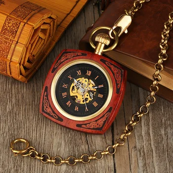 Уникальные карманные часы с ручным заводом из красного дерева и бамбука в стиле Ретро, квадратный циферблат с золотой цепочкой 30 см, мужские часовые часы, подарки